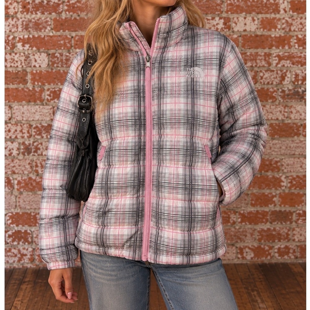 North Face Pink Plaid Puffer Jacket M Y2K 2000s Preppy Fall Gorpcore Hiking